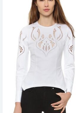 Yigal Azrouel White Laser-Cut Long Sleeve Crewneck Blouse, S